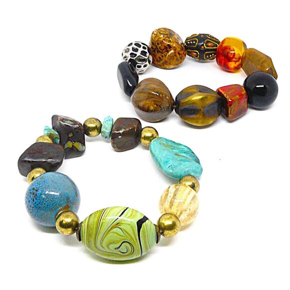 Set of 2 Chunky Stone & Beads Stretch Bracelets Blue Green & Red Brown VTG BOHO - Picture 2 of 4